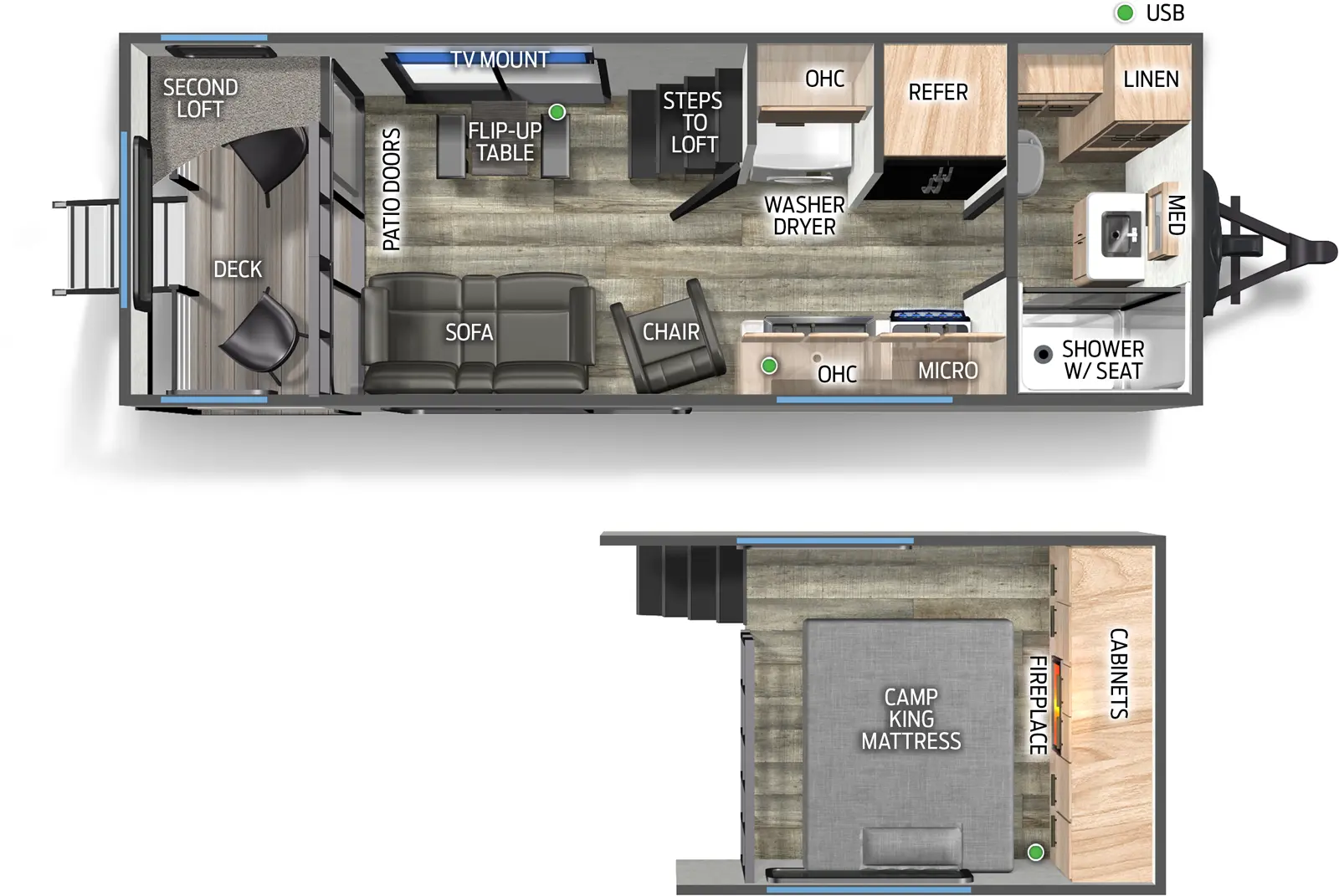 The Campsite Reserve 16SW floorplan has one entry and zero slide outs. Exterior features include: metal exterior. Interiors features include: loft, rear bedroom and rear living.